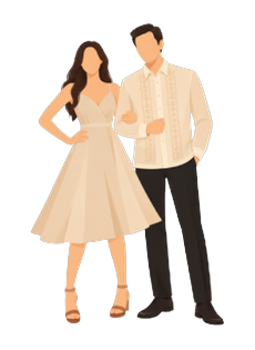 Principal sponsors: a beige formal gown, and a cream Barong Tagalog worn with dark trousers.